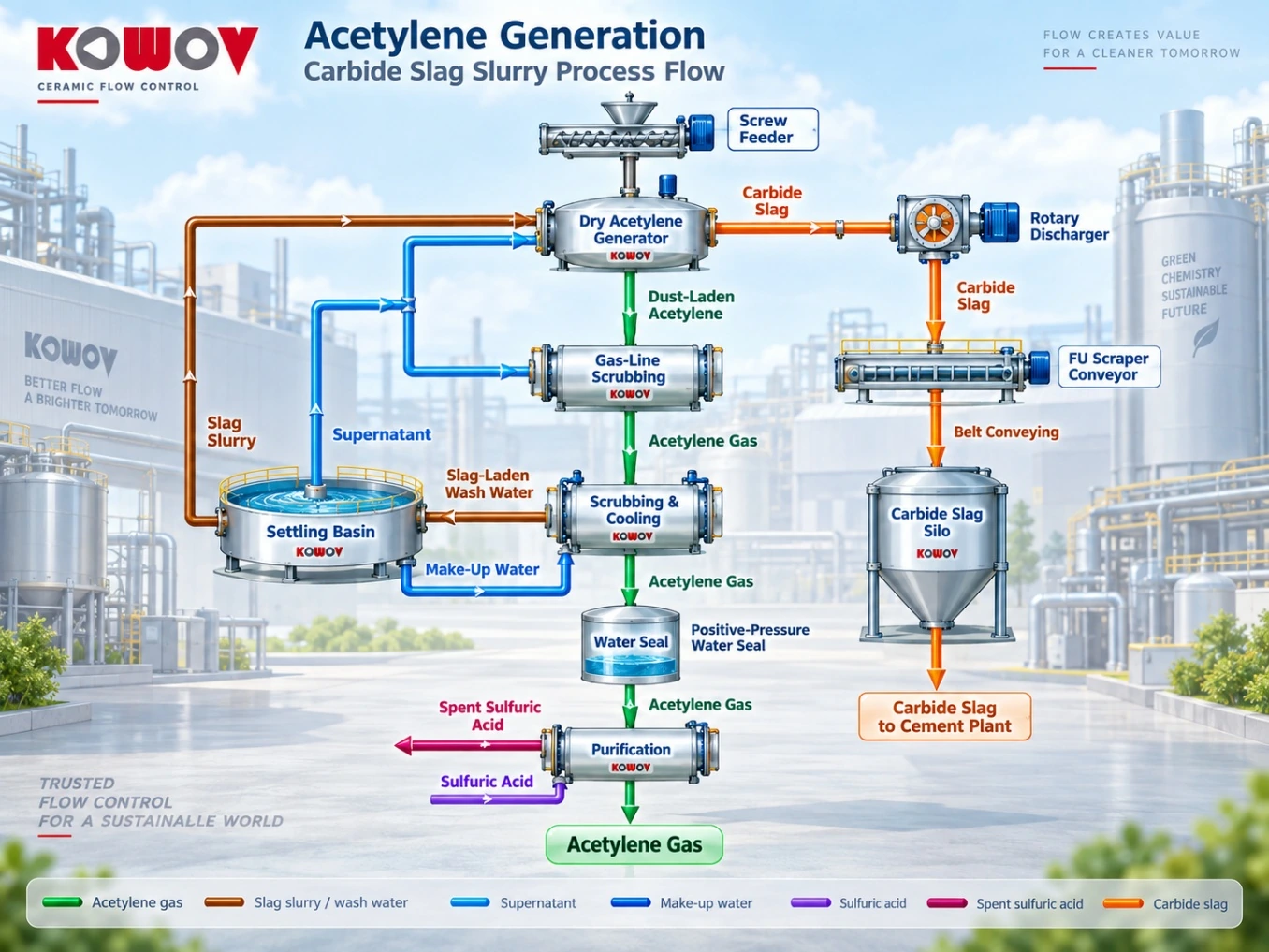 Dry and wet acetylene generation processes showing carbide slag slurry recovery, filtration and water recycling