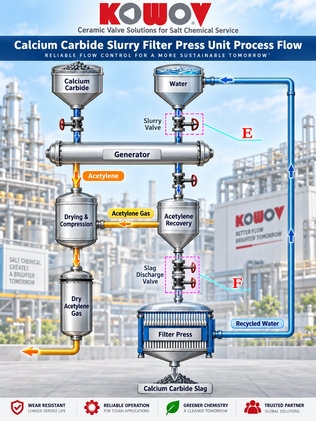 Carbide slag slurry filtration process showing acetylene recovery, the filter press and filtrate recycling