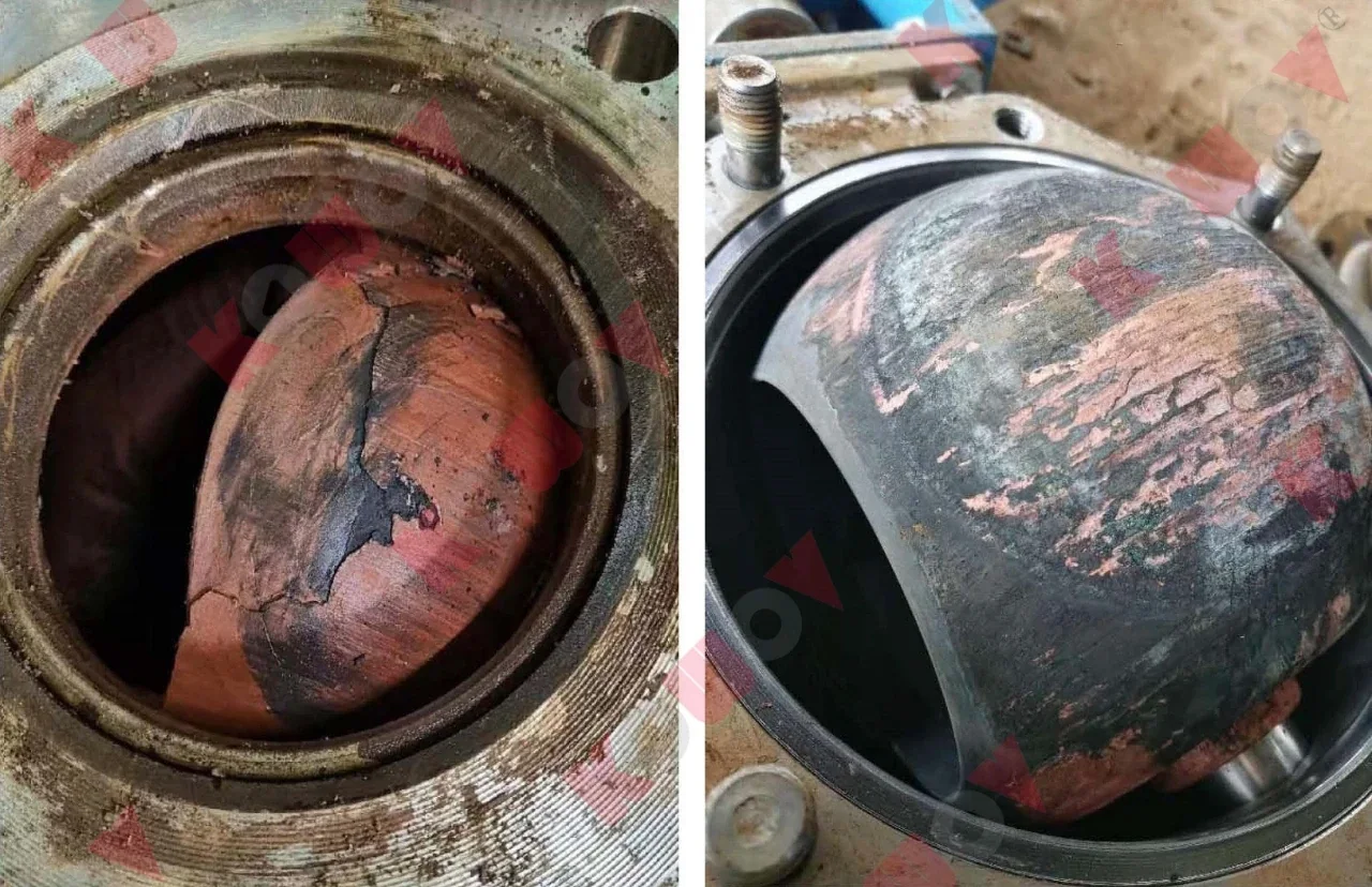 Worn metal valve parts after corrosive ore slurry service