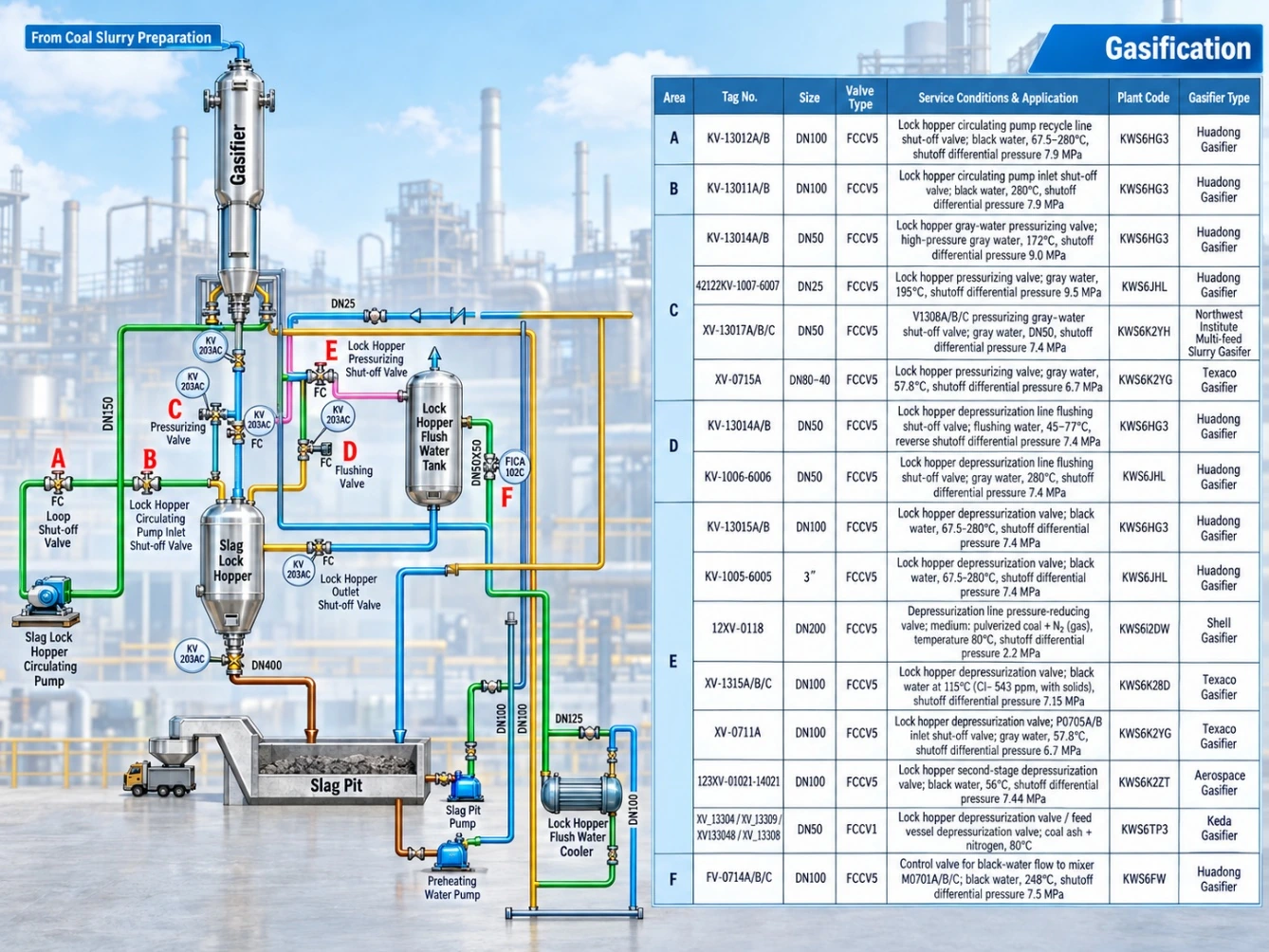 Gasification process flow with relief, venting and lock hopper valve positions