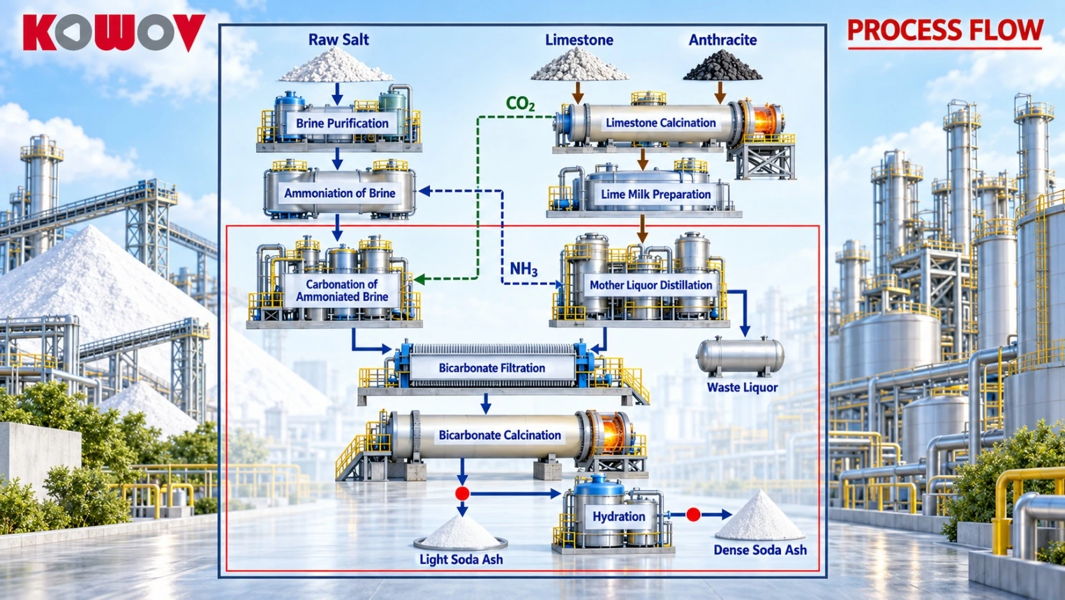 Soda ash process flow from brine purification to dense soda ash
