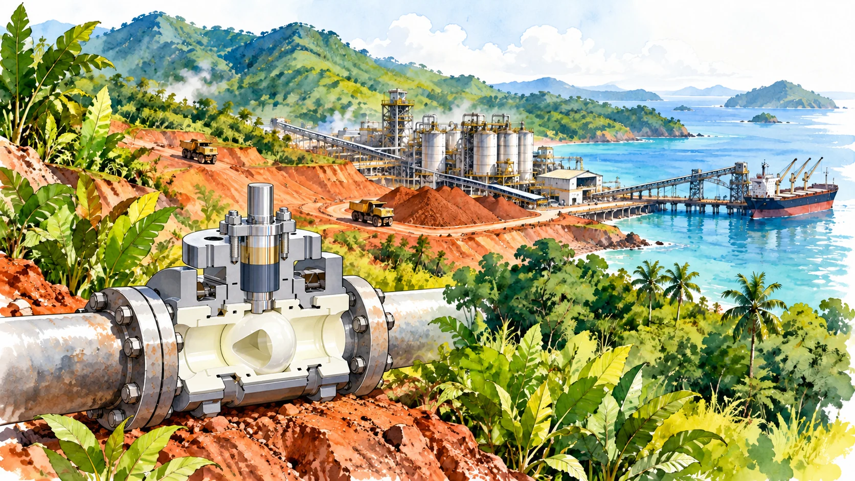 Ceramic valves in Indonesia’s nickel industry — editorial illustration