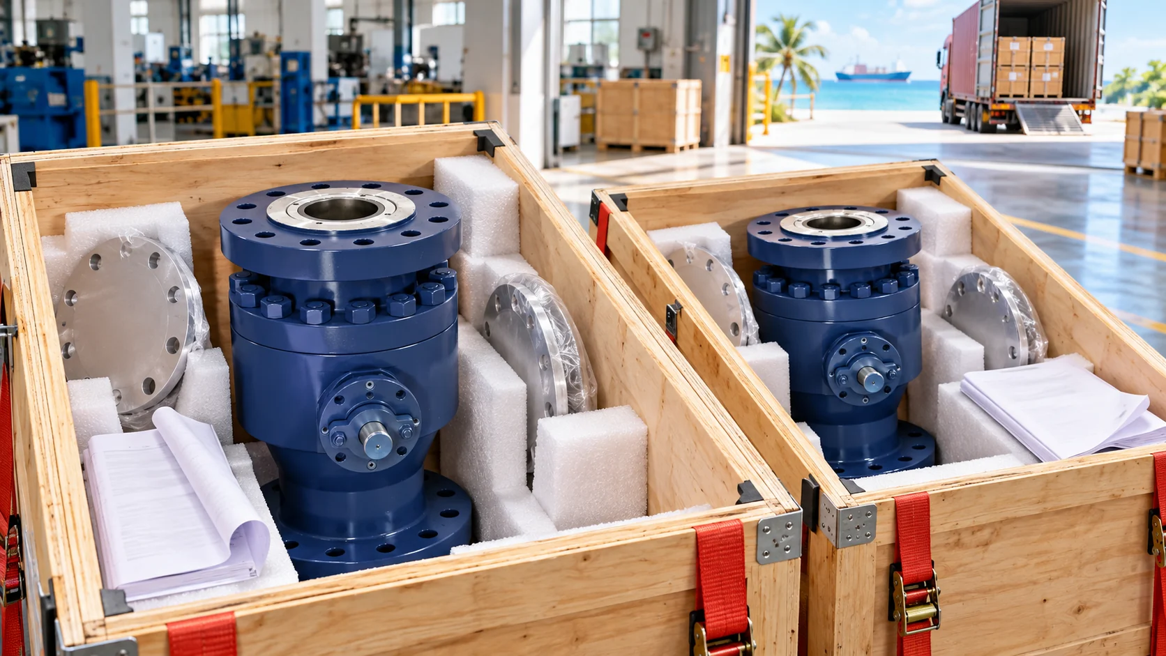 Preparing ceramic valves for Indonesia — editorial illustration