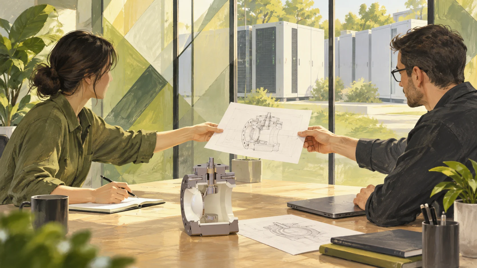 An energy conversation at Xunying — editorial illustration