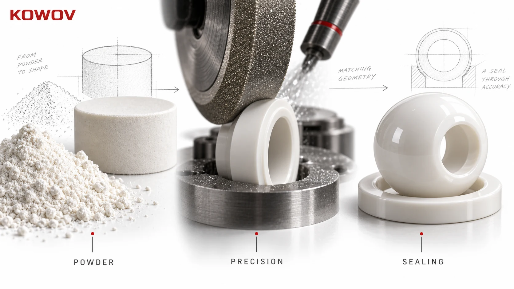 Editorial illustration: controlled powder, precision grinding and a matched ceramic sealing pair